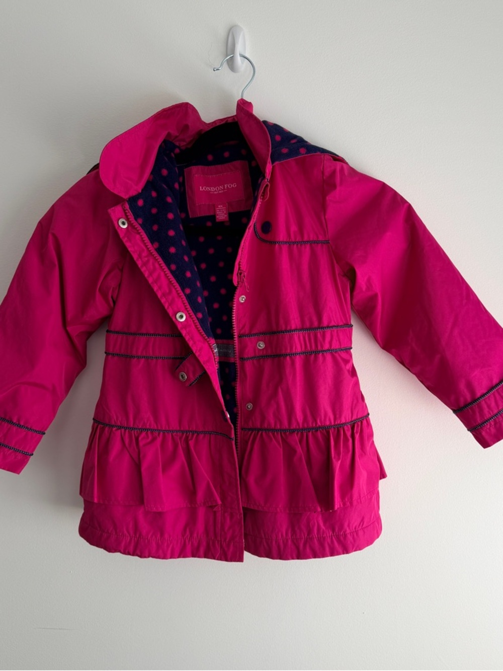 London Fog Girls Bright Pink Hooded Raincoat with Navy Polka-Dot Lining